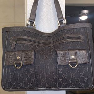 Authentic Gucci Dark Chocolate Brown Monogram Shoulder Double Leather Strap Bag